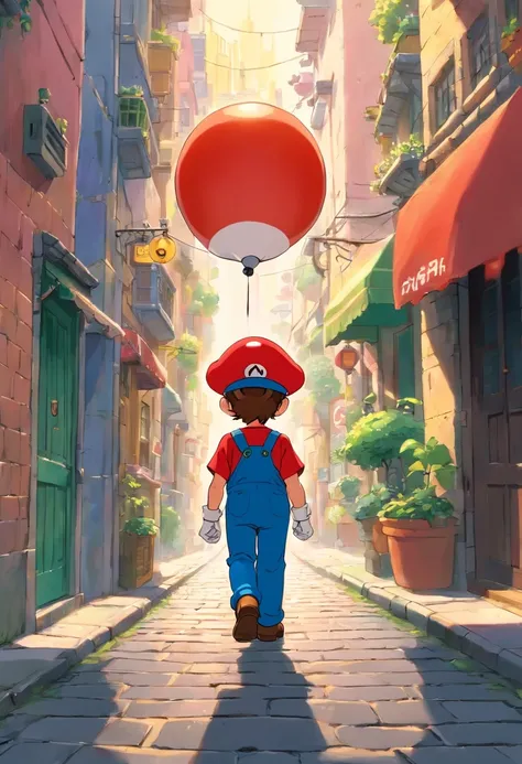 ova film cartoon screencap from 1990, featuring mario walking in the city, studio ghibli style"