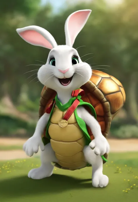 (((Cartoon Character 1.3)))，(((Wear a Nike T-shirt，A super cute rabbit standing on the back of a turtle)))，((A rabbit with a large gold medal around its neck stands on the back of a green turtle))，Wears a spotted vest on the top，Denim shorts on the bottom，...