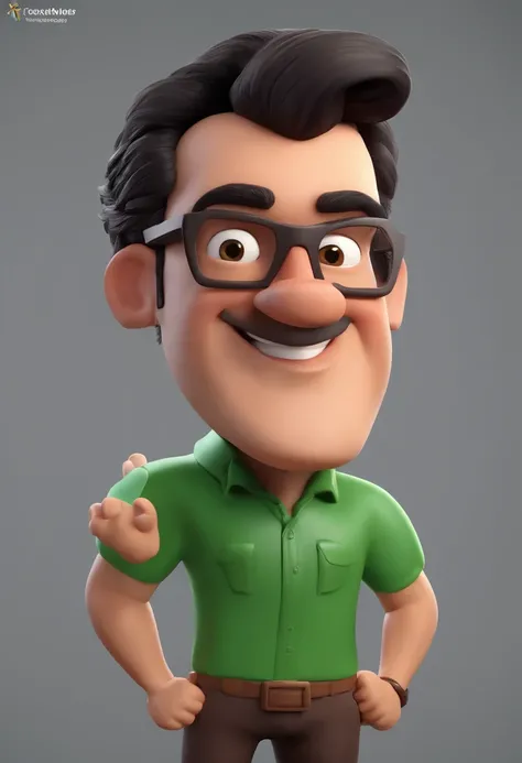 Cartoon character of a man with black glasses, uma camisa verde, cabelo liso, pele cor clara, praticando corrida ao ar livre, animation character, Caractere estilizado, animation style rendering, 3D estilizado, Arnold Maya render, 3 d render stylized, toon...