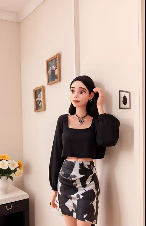 menina de cabelo solto preto, chanel com blusa preta e saia de flores