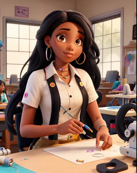 A beautiful young black woman with long black hair with nose piercing paints over her lip colorful nails sitting in a sewing workshop with a sewing machine and measuring tape and threads, buttons and needles on the table