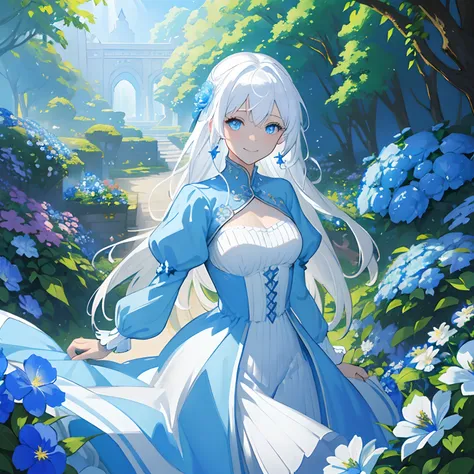 ((masterpiece: 1.2, best quality)), 1girl, white hair, light blue eyes, blue dress, blue jewelry, fantasy, royalty, garden, blooming flowers, sunlight, fantastic lights and shadows, landscape, wide smile, blushing, shy