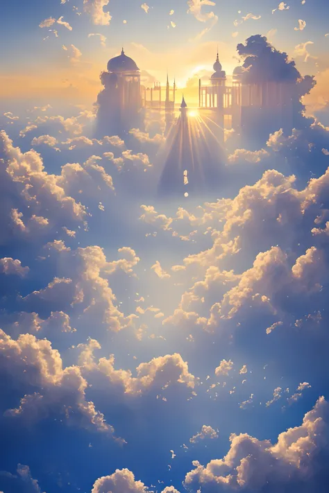 cloud world, angels flying around, majestic gates and pillars, the sun and moon and stars, in heaven, 
masterpiece, best quality...