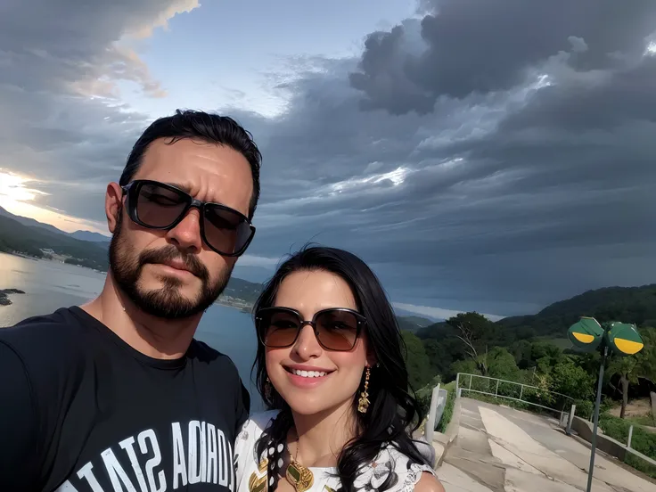 Theres a man and a woman standing next to each other on a hill, Directed by: Nandor Soldier, imagem de perfil, lindo dia ensolarado, com montanhas ao fundo, foto de perfil, dia ensolarado brilhante, com montanhas no fundo, par, Lovely couple, no oceano, Ma...