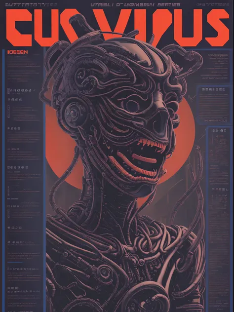 Super cyborg, magazine cover, poster art , Lovecraftian horror genre, hint of navy, bold huge text, matted design layout.