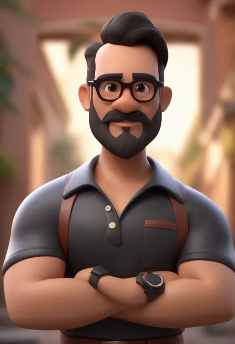 Cartoon character of a man with black glasses and a black polo shirt, cabelo liso, With beard and old school tattoo on his arm, animation character, Caractere estilizado, animation style rendering, 3D estilizado, Arnold Maya render, 3 d render stylized, to...