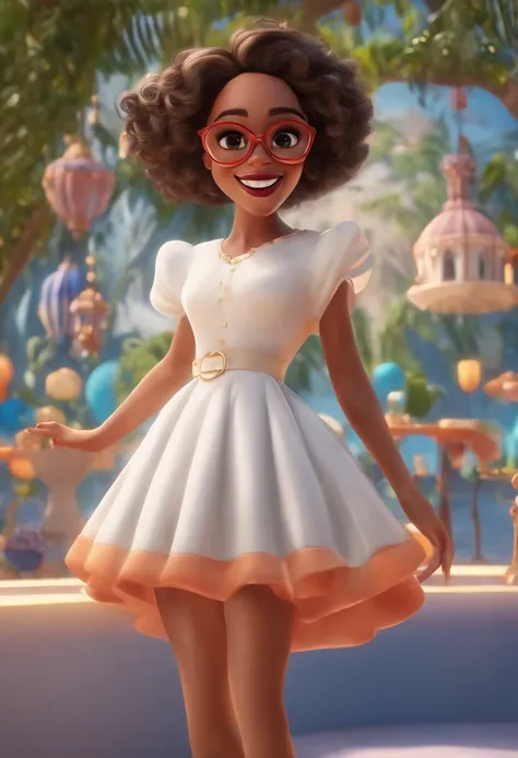 "(best quality,ultra-detalhado,Realistic:1.37),3D rendering,illustration,design de personagens,cabelos curtos e cacheados escuros,belos olhos detalhados,wearing white glasses,Estilo Pixar,morena mulher,Dancing on the Disney stage,atmosfera animada,vivid co...