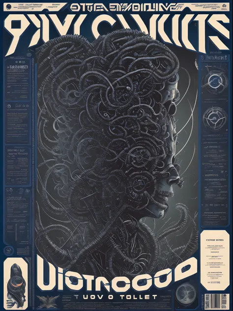 Super cyborg, magazine cover, poster art , Lovecraftian horror genre, hint of navy, bold huge text, matted design layout.