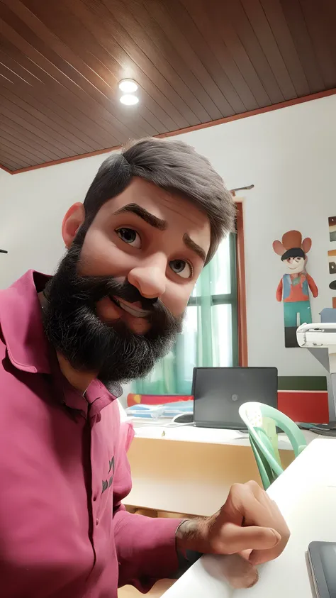 Criar um personagem no estilo Pixar. Trata-se de um homem de 30 anos, com barba, Branco, com cabelos castanhos curtos e um quiff, e olhos castanhos. Ele deve estar na frente de um computador, Trabalhar como designer