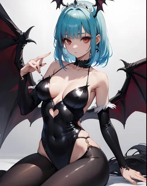 1girl, senos, joya de pecho, pantys, Alas de cabeza, solamente, senos grandes, Pelo rojo, Morrigan Aensland, alas, Animal print, bat print, pelo corto, ojos rojos, Legwear estampado, flequillo barrido, leotardo, bat like wings, escote, flequillo, tiara, Po...