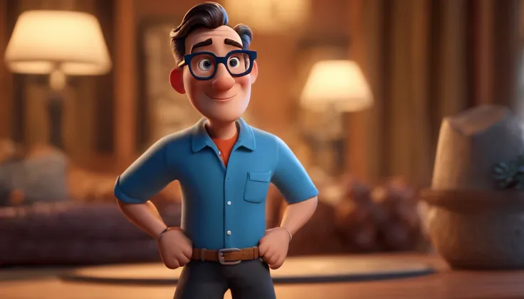 Cartoon character of a man with black glasses and a blue shirt, animation character, Caractere estilizado, animation style rendering, 3D estilizado, Arnold Maya render, 3 d render stylized, toon render keyshot, Personagem 3D, Personagem 3D, 3d rendering st...