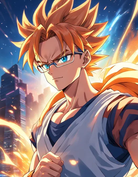 Gogeta de dragon ball super broly,Menino de 17 anos,cabelos negros, Wearing modern orange-colored clothes and glasses,belos olhos e rosto,penteado legal,juvenile expression,pose confiante,Fundo Urbano,Artistic portrait,pintura digital,ultra-detalhado,Altas...