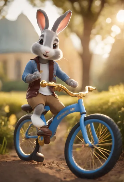 (((Cartoon Character 1.3)))，(((Wear a Nike T-shirt：1.2，A super cute bunny riding on a bike)))，((The rabbit rides on a bicycle with a big gold medal around his neck))，Wears a spotted vest on the top，Denim shorts on the bottom，Naughty expression，HD Real，Blac...