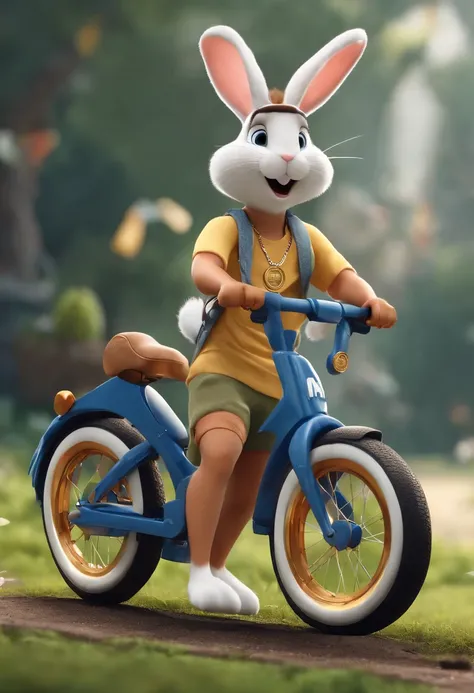 (((Cartoon Character 1.3)))，(((Wear a Nike T-shirt：1.2，A super cute bunny riding on a bike)))，((The rabbit rides on a bicycle with a big gold medal around his neck))，Wears a spotted vest on the top，Denim shorts on the bottom，Naughty expression，HD Real，Blac...