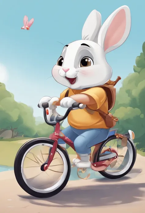 (((Cartoon Character 1.3)))，(((Wear a Nike T-shirt：1.2，A super cute bunny riding on a bike)))，((The rabbit rides on a bicycle with a big gold medal around his neck))，Wears a spotted vest on the top，Denim shorts on the bottom，Naughty expression，HD Real，Blac...