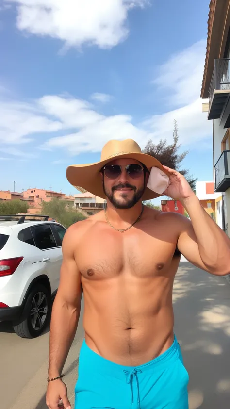 Hombre con sombrero y pantalones cortos azules en la calle, Joven griego, hombre delgado con piel bronceada clara, Lleva un sombrero, Llevar un sombrero de viaje, Character with brown hat, Technoviking masculino sin camisa, Llevar sombrero para el sol anch...