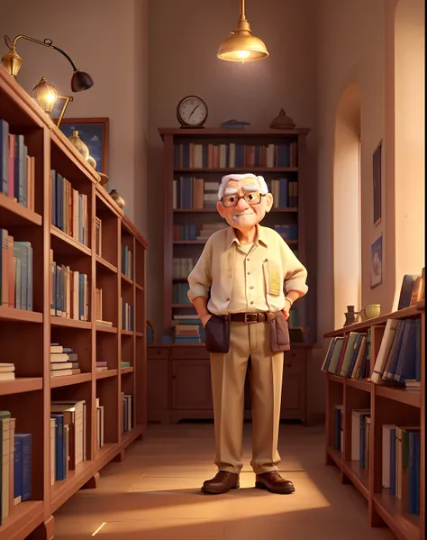 A wise old man standing in front, illuminated by the light of a lamp, against the backdrop of a library