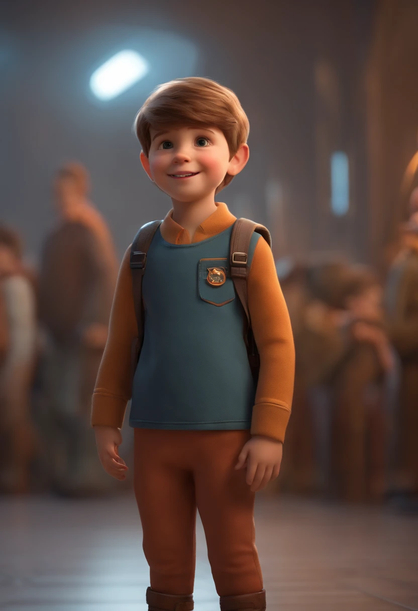 a happy cute kid standing short hair, vestindo uma fantasia espacial, , fundo branco, barnet, Tom, Estilo Pixar, ....3d, desenhos animados, rosto detalhado, asymmetrical 16k