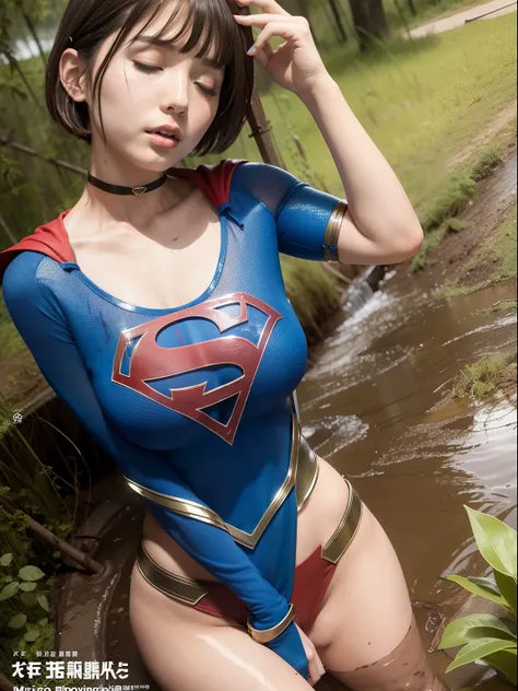 ​masterpiece、Short-haired Supergirl sleeping in a swamp、large full breasts、a choker、Looking at the camera、Glossy costume、Crotch、wounded、Mud stains、Covered with clay、Exhausted、Weekly magazine cover、cum on、a miniskirt