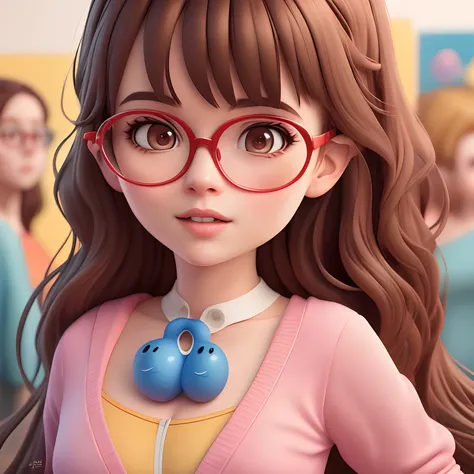 A Disney Pixar-inspired movie poster with the title Natalia. Brunette woman, long hair, round glasses. The scene should be in Pixars distinctive digital art style, focusing on the characters expressions, vibrant colors, and detailed textures characteristic...