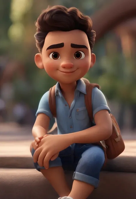 Personagem de um menino estilo Disney Pixar, corpo inteiro, camisa azul, Denim Jeans Pants, tenis branco, cabelo liso, segurando um celular, sem fundo