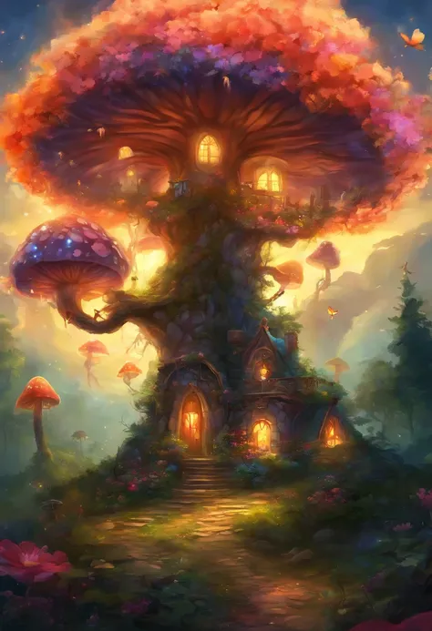 (Swirling clouds and colorful flowers), (forest fireflies fantasy mushroom city), house on large trees, (midnight), (Irregular), (mysterious), (ridiculous), dreamy, disney, painted by Thomas Kincaid, artstation, sharp focus, inspiring 8k wallpaper,