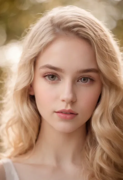 16 year old girl, blonde wavy hair, brown gold-flecked eyes, beautiful, pink lips,