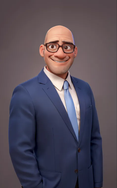 Bald man wearing brown glasses, com um lindo sorriso no rosto, looking confidently and directly into the camera, vestindo um terno azul escuro, a light blue necktie, e uma camisa branca dentro. Theres also a slightly blurred, brown background behind it.