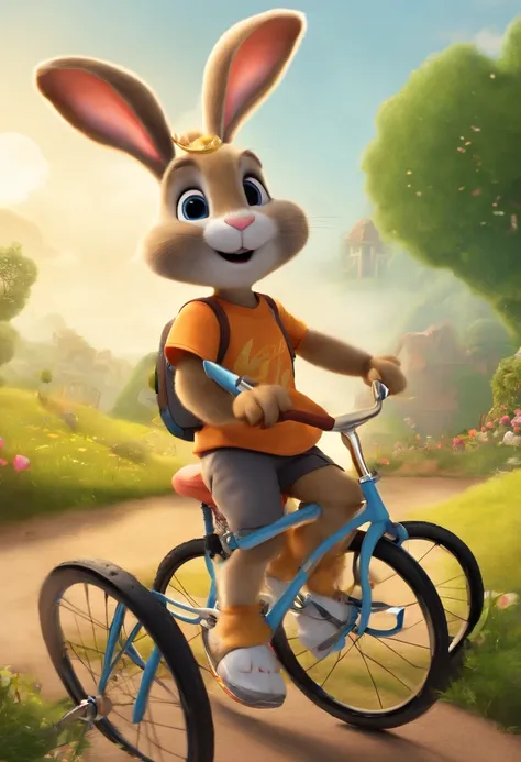 (((Cartoon Character 1.3)))，(((Wear a Nike T-shirt：1.2，A super cute bunny riding on a bike)))，((The rabbit rides on a bicycle with a big gold medal around his neck：1.3))，Wears a spotted vest on the top，Denim shorts on the bottom，Naughty expression，HD Real，...