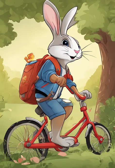 (((Cartoon Character 1.3)))，(((Wear a Nike T-shirt：1.2，A super cute bunny riding on a bike)))，((The rabbit rides on a bicycle with a big gold medal around his neck：1.3))，Wears a spotted vest on the top，Denim shorts on the bottom，Naughty expression，HD Real，...