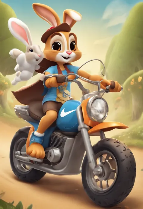 (((Cartoon Character 1.3)))，(((Wear a Nike T-shirt：1.2，Super cute two bunnies riding on a bike)))，((The rabbit rides on a bicycle with a big gold medal around his neck))，Wears a spotted vest on the top，Denim shorts on the bottom，Naughty expression，HD Real，...