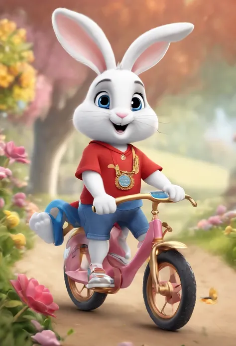 (((Cartoon Character 1.3)))，(((Wear a Nike T-shirt：1.2，Super cute two bunnies riding on a bike)))，((The rabbit rides on a bicycle with a big gold medal around his neck))，Wears a spotted vest on the top，Denim shorts on the bottom，Naughty expression，HD Real，...