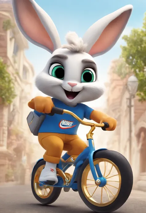 (((Cartoon Character 1.3)))，(((Wear a Nike T-shirt：1.2，A super cute bunny riding on a bike)))，((The rabbit rides on a bicycle with a big gold medal around his neck))，Wears a spotted vest on the top，Denim shorts on the bottom，Naughty expression，HD Real，Blac...