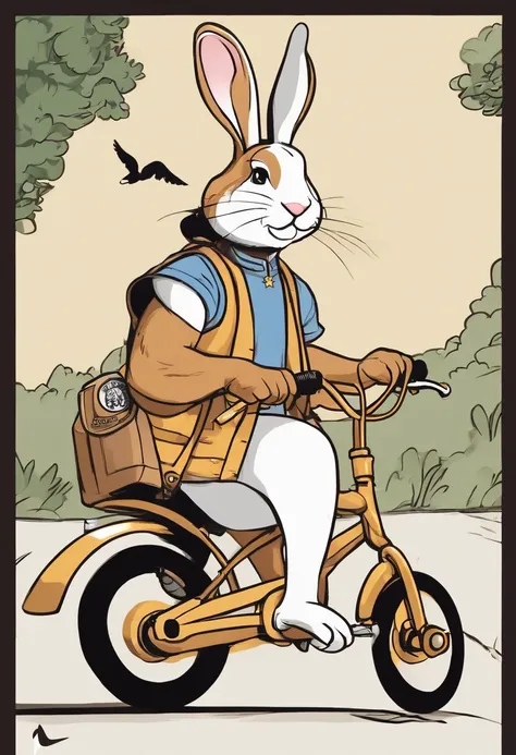 (((Cartoon Character 1.3)))，(((Wear a Nike T-shirt：1.2，A super cute bunny riding on a bike)))，((The rabbit rides on a bicycle with a big gold medal around his neck))，Wears a spotted vest on the top，Denim shorts on the bottom，Naughty expression，HD Real，Blac...