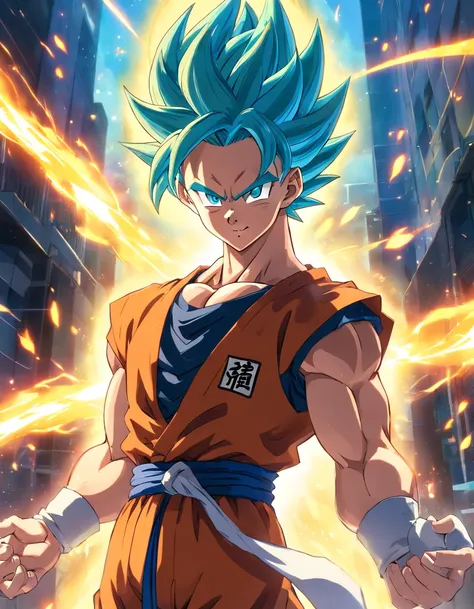 Gogeta de dragon ball super broly,Menino de 17 anos,cabelos negros, usando roupas modernas de cor laranja,wearing goggles,belos olhos e rosto,penteado legal,juvenile expression,pose confiante,Fundo Urbano,Artistic portrait,pintura digital,ultra-detalhado,A...