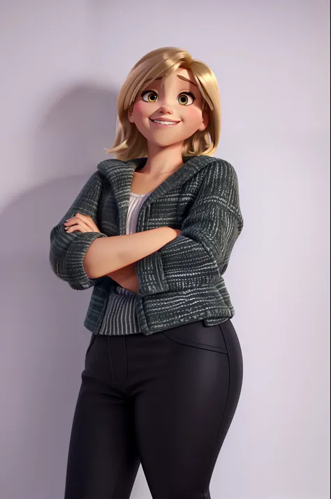 Light-skinned blonde woman, smiling, dark blonde short hair, dark eyes, disney pixar style, high quality, high definition.