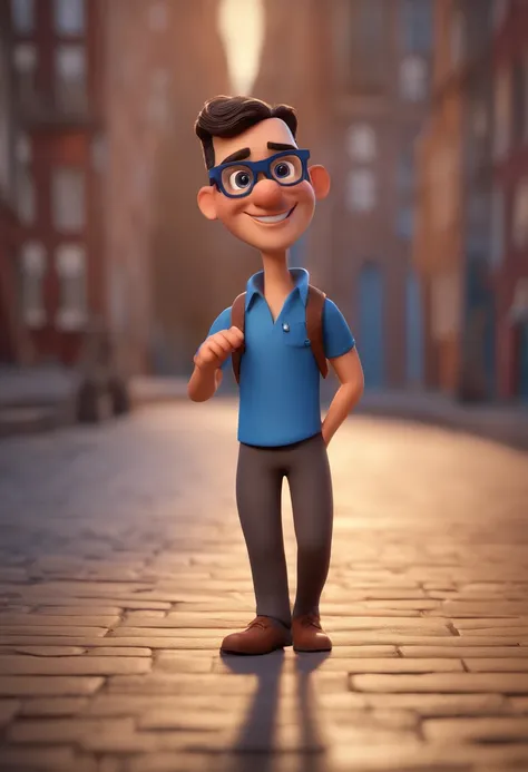 Cartoon character of a man with black glasses and a blue shirt, animation character, Caractere estilizado, animation style rendering, 3D estilizado, Arnold Maya render, 3 d render stylized, toon render keyshot, Personagem 3D, Personagem 3D, 3d rendering st...