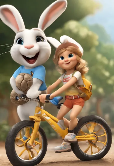 (((Cartoon Character 1.3)))，(((Carrying a tortoise、Wear a Nike T-shirt：1.2，A super cute bunny riding on a bike)))，(A rabbit carrying a tortoise rides on a bicycle))，Wears a spotted vest on the top，Denim shorts on the bottom，Naughty expression，HD Real，Black...