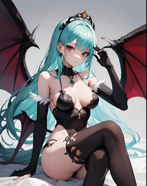 1girl, senos, joya de pecho, pantys, Alas de cabeza, solamente, senos grandes, Pelo rojo, Morrigan Aensland, alas, Animal print, bat print, pelo corto, ojos rojos, Legwear estampado, flequillo barrido, leotardo, bat like wings, escote, flequillo, tiara, Po...