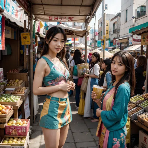 “Generate an image of a young Asian woman standing amidst a vibrant street market. The setting is alive with the bustle of everyday life. She stands out with her natural grace, with a joyful and candid expression. Her beauty is effortless, complemented by ...