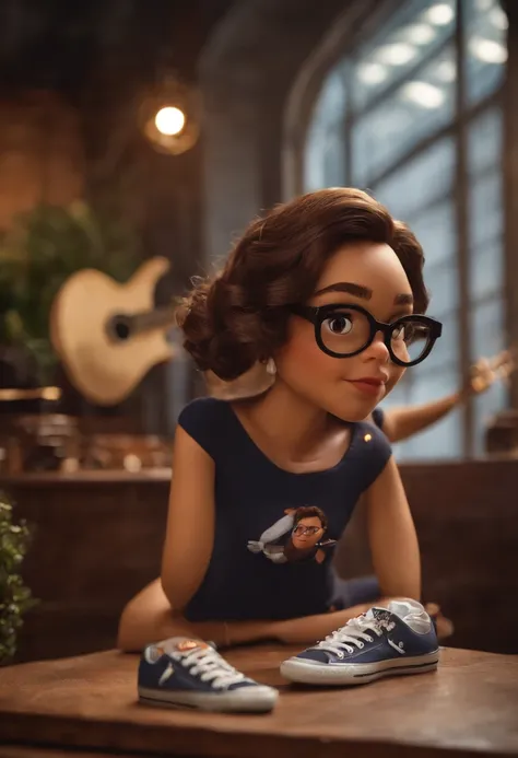 Crie um poster 3D estilo Disney/Pixar Menina de 18 anos com cabelo cacheado curto nos ombros ,who has round black glasses and has small eyes and the color of his eyes is dark brown, e na sua bochecha aparece covinhas quando sorri, vestida com uma camiseta ...