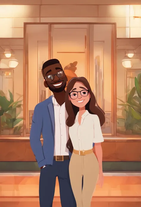 An illustration of an adorable couple, Highlight for a black man and a brunette woman with beautiful black glasses and expressive eyes – the mans skin is light brown and the mans hair is short and black, while the womans skin is brown, com sardas no rosto ...