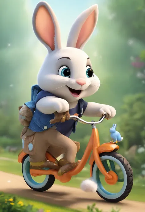 (((Cartoon Character 1.3)))，(((Carrying a tortoise、A super cute bunny riding on a bike)))，(A rabbit carrying a tortoise rides on a bicycle))，Wears a spotted vest on the top，Denim shorts on the bottom，Naughty expression，HD Real，Black eyes，Flying figure，HD p...