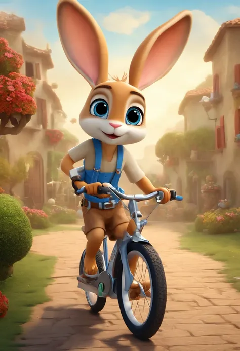 (((Cartoon Character 1.3)))，(((Carrying a tortoise、A super cute bunny riding on a bike)))，(A rabbit carrying a tortoise rides on a bicycle))，Wears a spotted vest on the top，Denim shorts on the bottom，Naughty expression，HD Real，Black eyes，Flying figure，HD p...