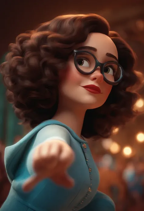 Pixar style image with 3D character white glasses brunette woman short curly hair dancing, Maquiagem Disney,Pescador, bonitinho, sorridente ,Close-up, Pixar, Disney, Cinema lighting,