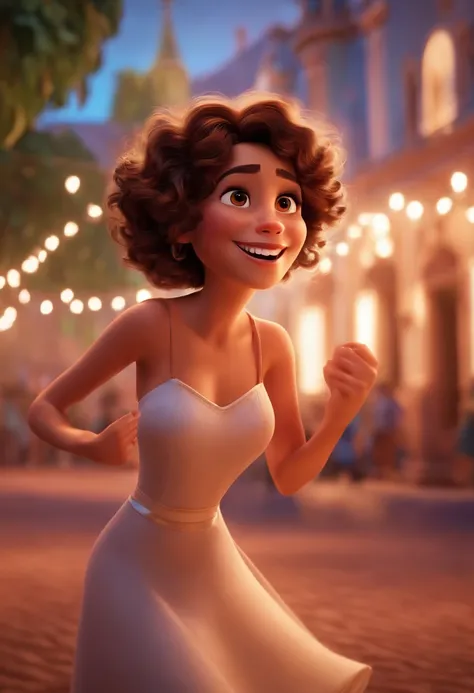 Pixar style image with 3D character white glasses brunette woman short curly hair dancing, Maquiagem Disney,Pescador, bonitinho, sorridente ,Close-up, Pixar, Disney, Cinema lighting,