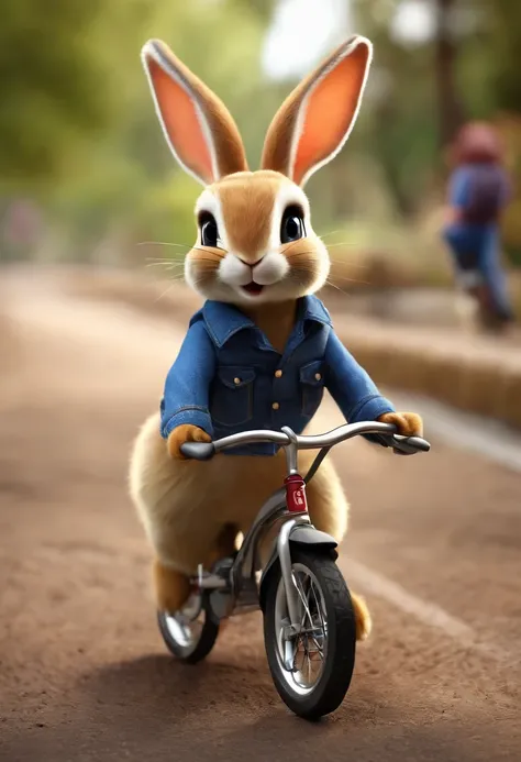 (((Cartoon Character 1.3)))，(((A super cute rabbit pushing a bicycle)))，((There was a turtle on the cart))，The rabbit wears a speckled vest，Denim shorts on the bottom，Naughty expression，HD Real，Black eyes，Flying figure，HD picture，Sony SLR lens，Shoot at med...