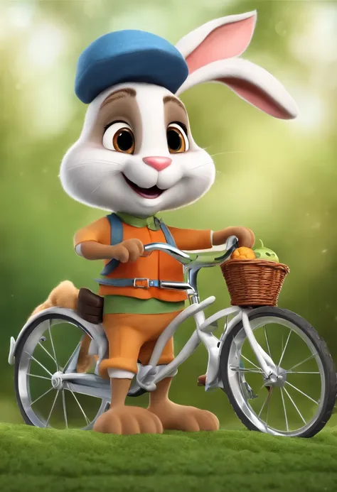 (((Cartoon Character 1.3)))，(((A super cute rabbit pushing a bicycle)))，((There was a turtle on the cart))，The rabbit wears a speckled vest，Denim shorts on the bottom，Naughty expression，HD Real，Black eyes，Flying figure，HD picture，Sony SLR lens，Shoot at med...