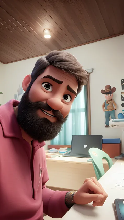 Criar um personagem no estilo Pixar. Trata-se de um homem de 20 anos, com barba preta longa, Branco, com cabelos preto curtos e uma camisa preta, olhos pretos. Ele deve estar na frente de um computador, Trabalhar como designer, estilo Disney Pixar