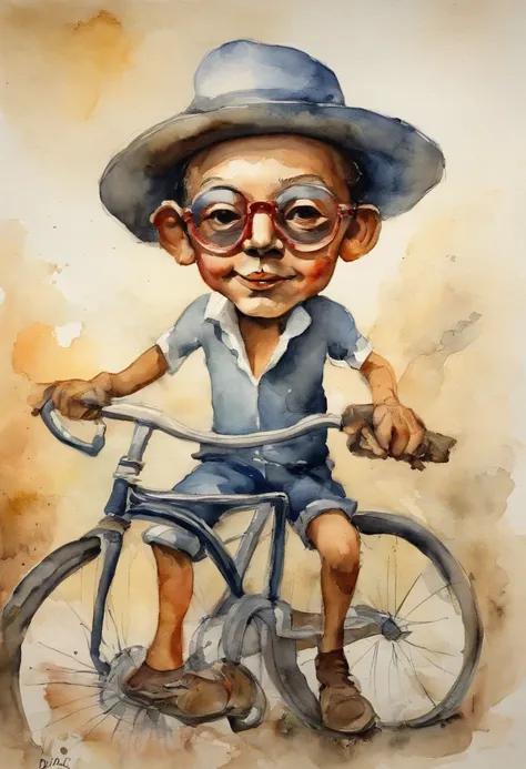 Dali boy from Salvadore riding a bicycle wearing hat and glasses